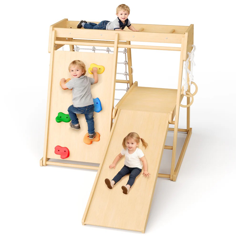 Garvee Wooden Jungle Gym, Montessori Kids Outdoor Playset with Swing, Slide, Monkey Bars, Rock Climbing Wall, Rope Wall, Ladders, Indoor & Outdoor Toddler Climbing Toys, Natural Wood Color