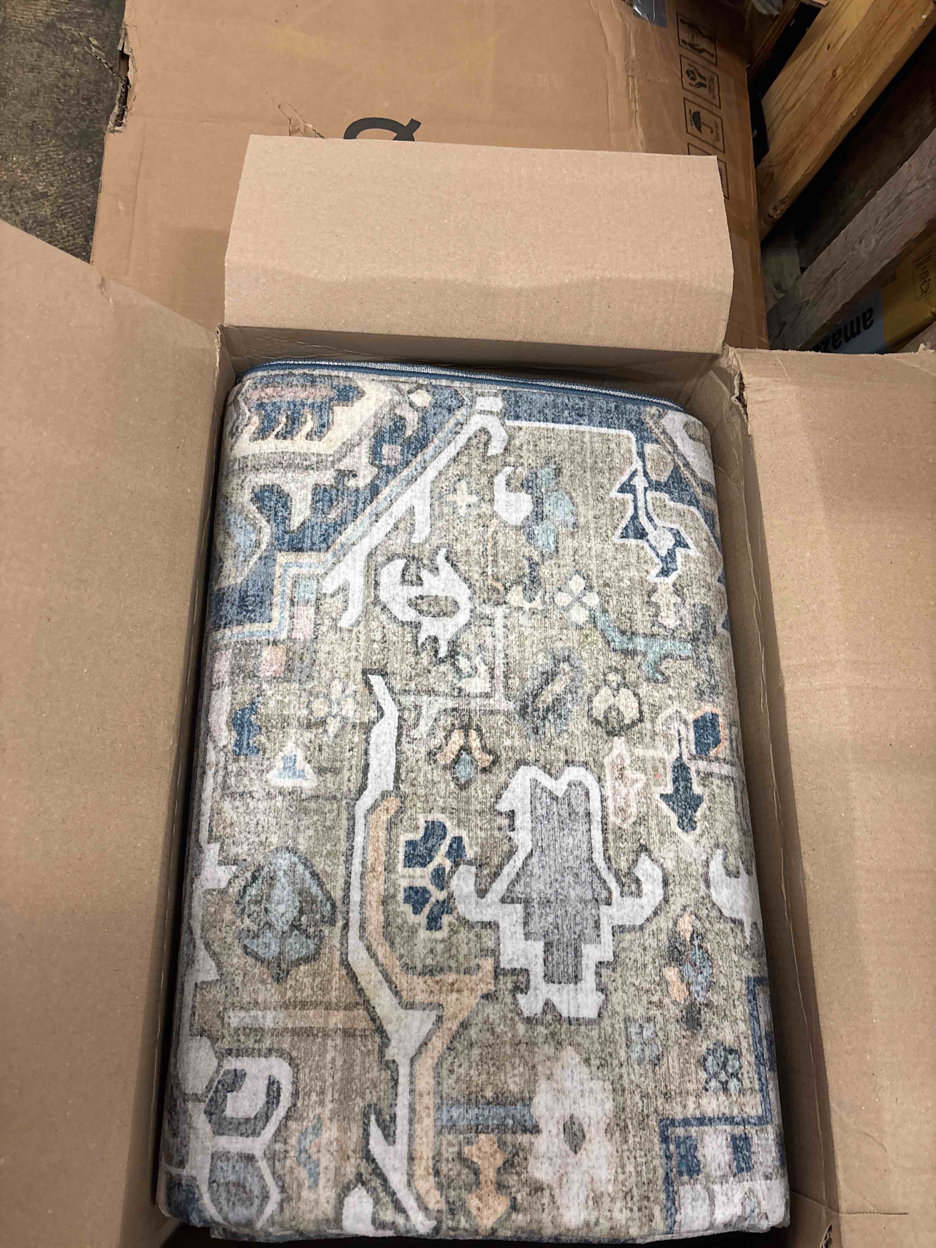 Condition photo showing Good Condition for Kokia 8x10 Washable Area Rugs Blue with Vintage Orient Design, Soft Rug for Living Room or Bedroom, Non-Slip Low Pile Stain Resistance Features, Distressed Medallion Pattern