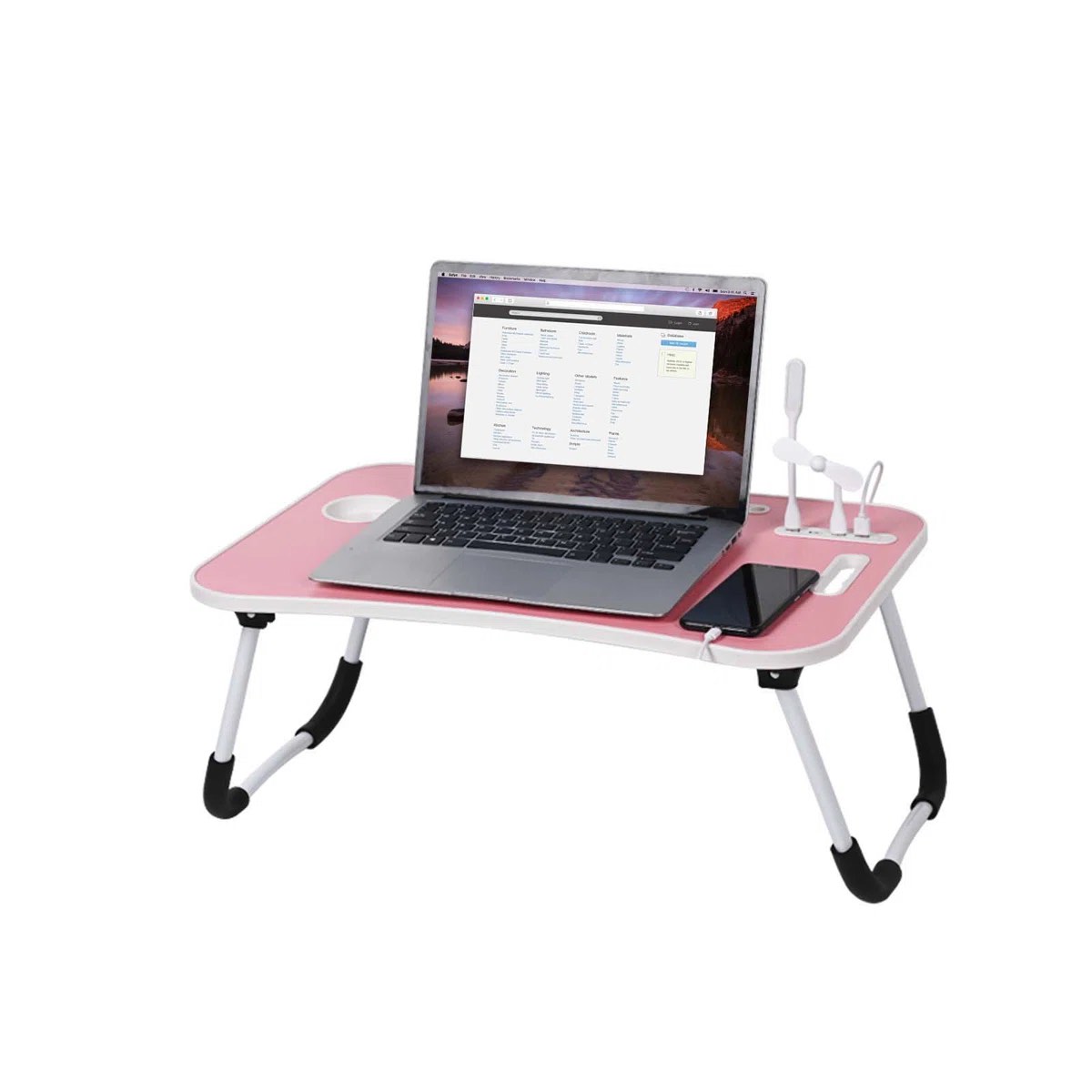 laptop bed desk, portable foldable laptop table with usb charging port, pad & cup holde, storage drawer 
