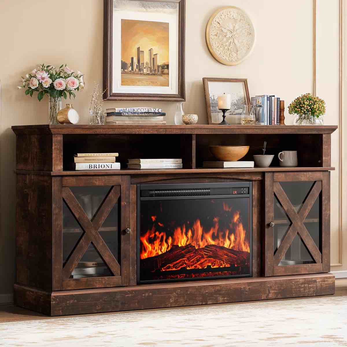 Jinora TV Stand For TVs Up To 75" With Electric Fireplace Included, Farmhouse TV Console & Entertainment Center