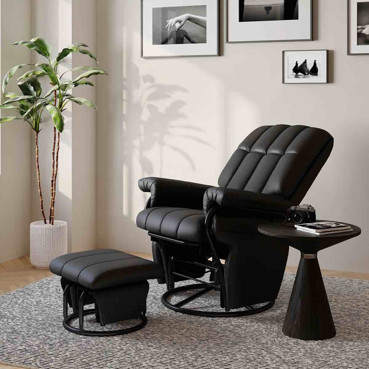 360°Swivel Glider Rocking Faux Leather Recliner Chair With Ottoman
