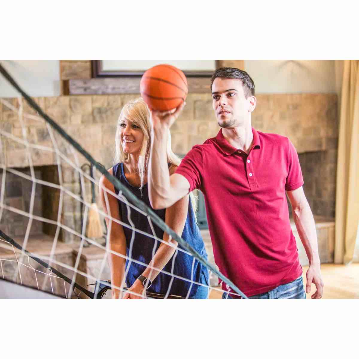 triumph playmaker shootout basketball arcade game - electronic scorer, led display, 8 game modes, 4 balls, pump & quick connect frame