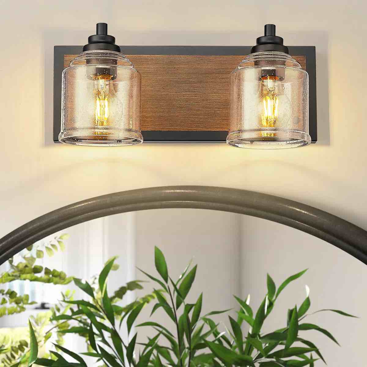 modern farmhouse dimmable bathroom vanity light with seeded glass and wood-grain veneer backplate