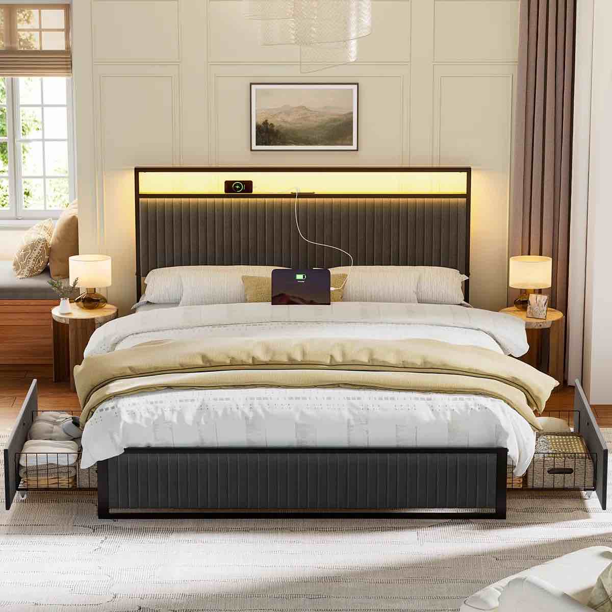 Antioch Upholstered Bed Frame with 2 Storage Drawers, Modern Full Platform Bed with Charging Station & LED Light, No Spring Box Needed, Dark Gray