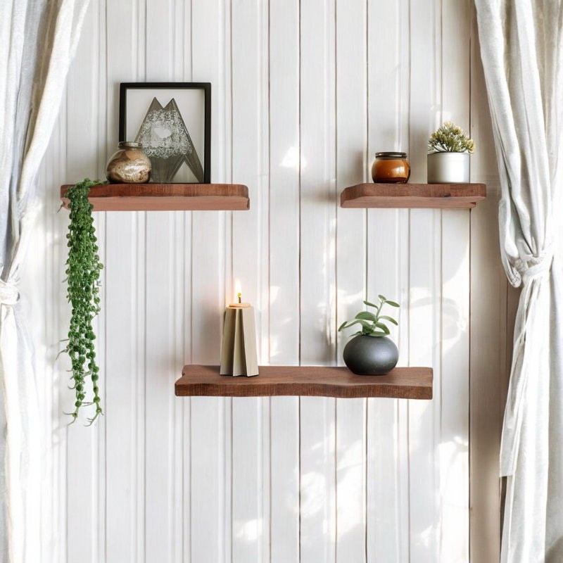 Mango Wood Floating Wall Shelves with Live Edge Design, 18" Brown Storage Display for Home, Office, Bedroom, and Living Room (Set of 3) 