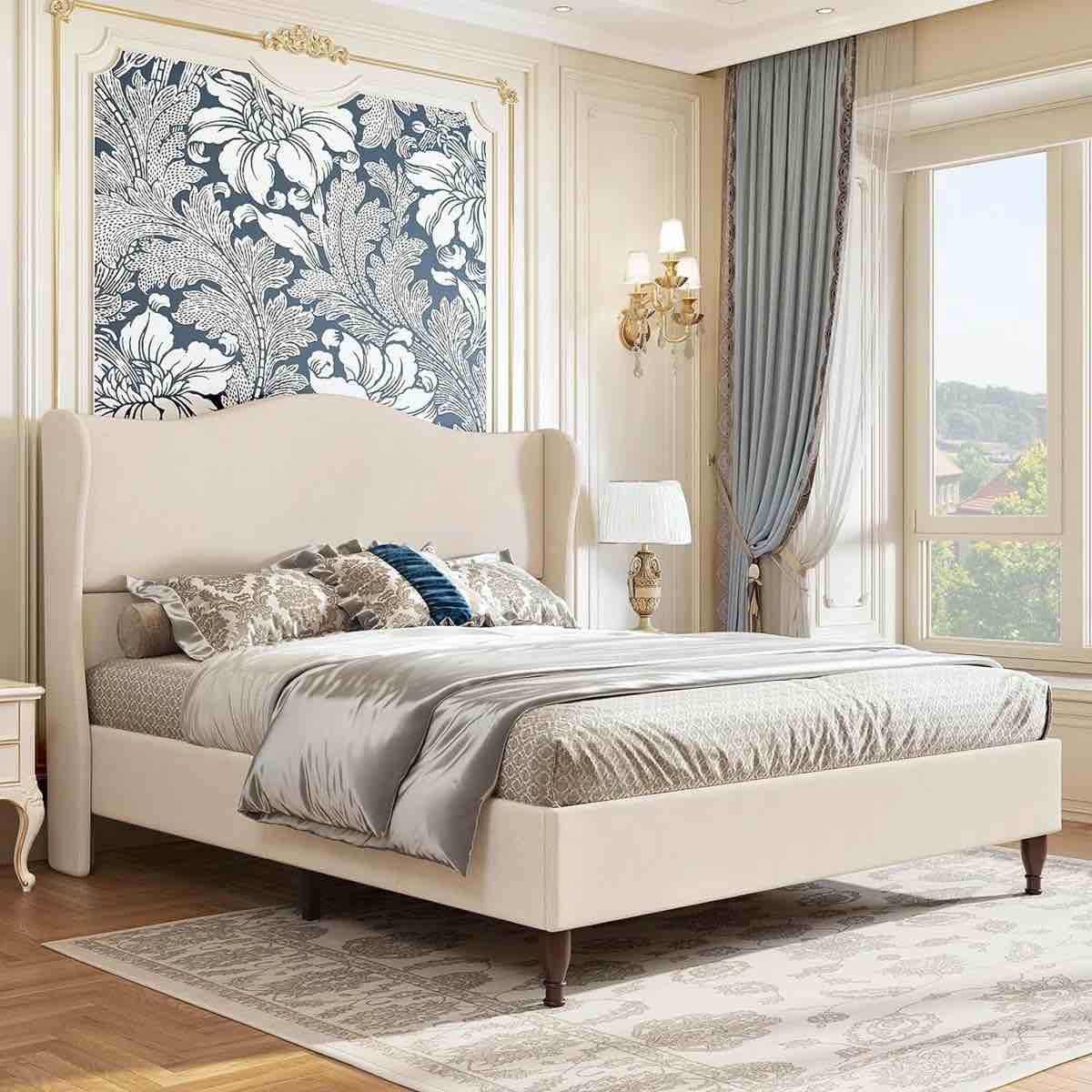 Full Size Wingback Platform Bed Frame with Tall Headboard-Beige