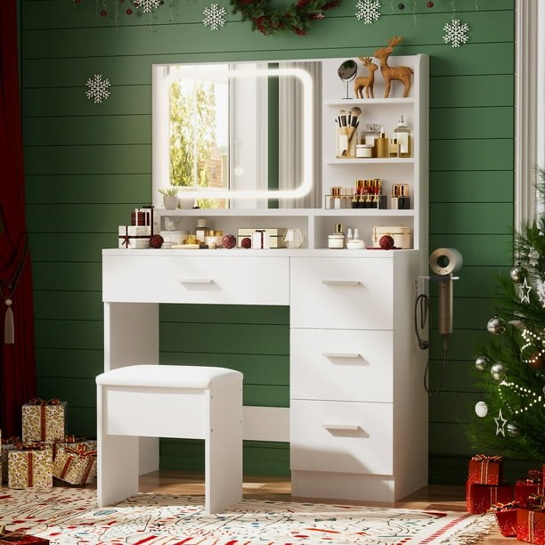 Vanity Desk with Smart LED Mirror & Stool, Makeup Vanity Set with Adjustable Lighting, Built-in Power Outlet, Large Storage Drawer, Modern Minimalist Dressing Table for Bedroom,White