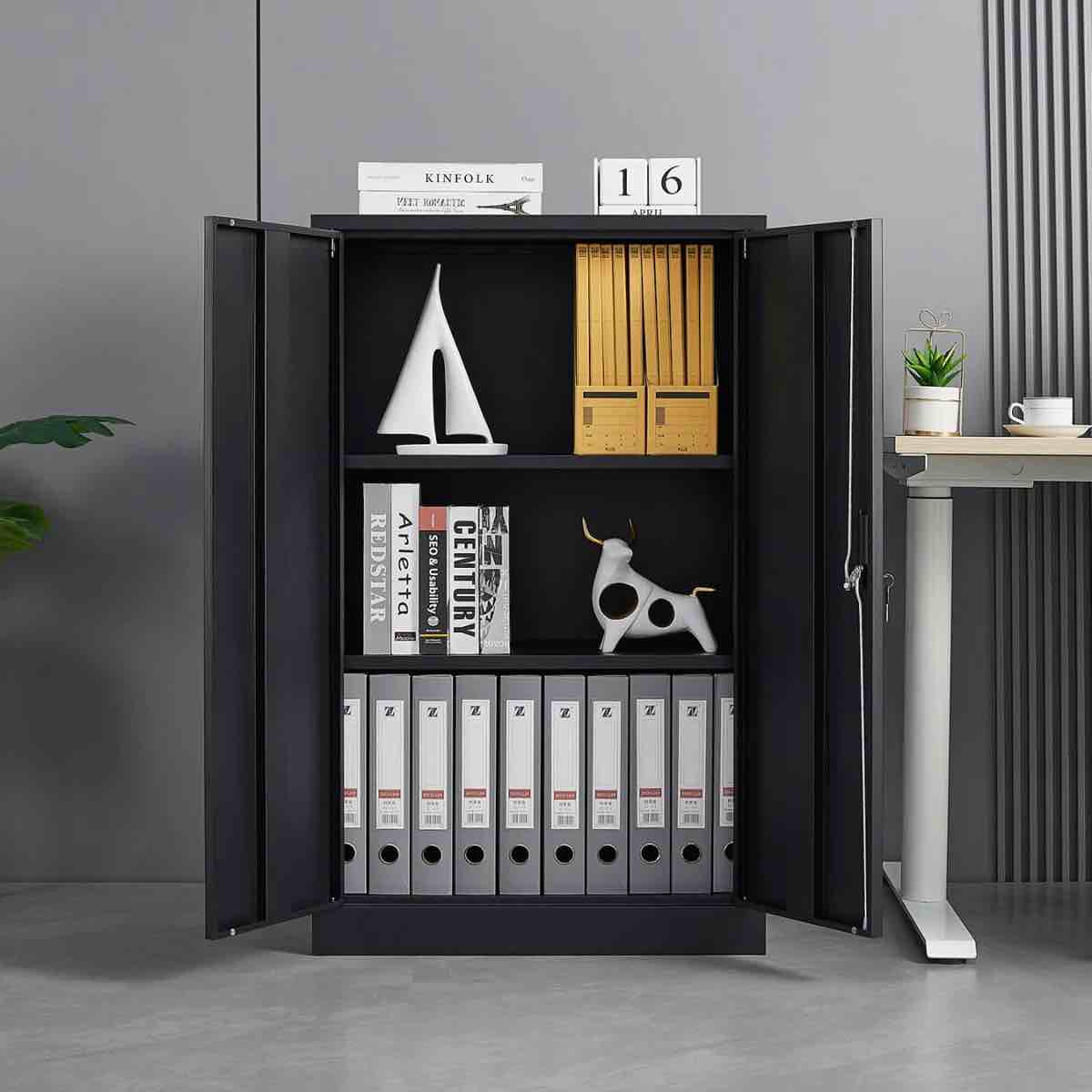 metal storage cabinet with locking doors and adjustable shelf for office or garage