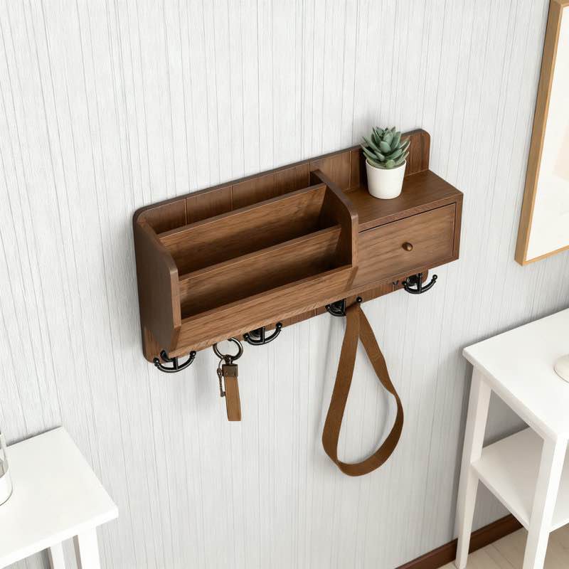wall mount key holder with mail organizer, drawer and multiple hooks, space saving entryway organizer for home decor and wall organization