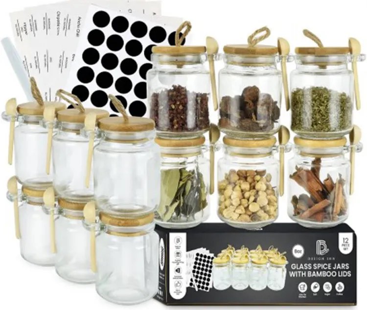 Condition photo showing New/Like New for Design Inn 8oz Airtight Glass Spice Jars with Bamboo Lids (Set of 12)