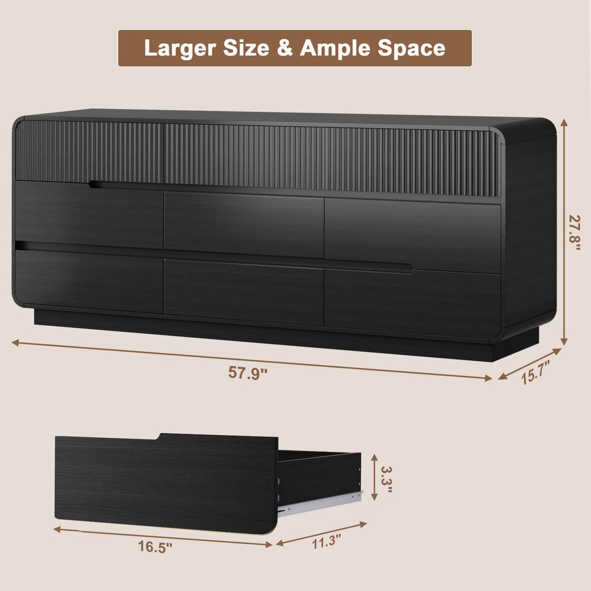 Condition photo showing New/Like New for 9 Drawer Dresser, Wide Chest of Drawers with Wood Top for Living Room, Bedroom, Hallway, Black