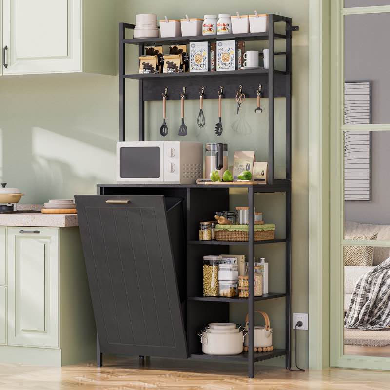 Condition photo showing New/Like New for Kitchen Bakers Rack with Power Outlets, Microwave Oven Organizer with Tilt Out Trash Can Cabinet Storage Shelf 6 Tiers