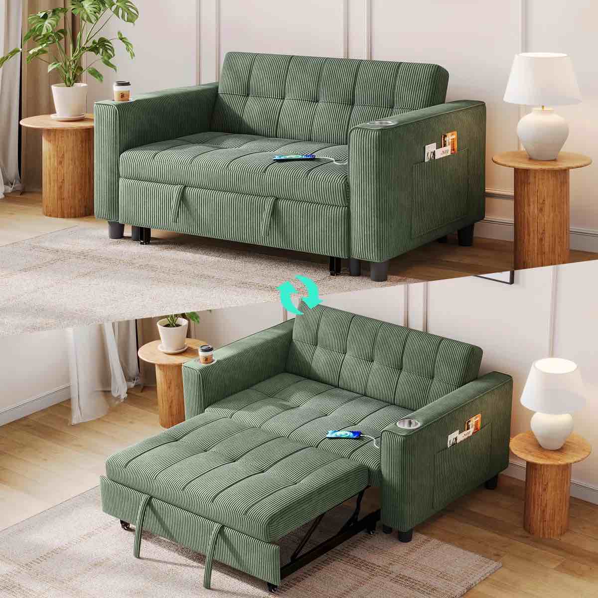 Condition photo showing New/Like New for Adjustable Backrest Multi-Functional Corduroy Sofa Bed With USB Charging