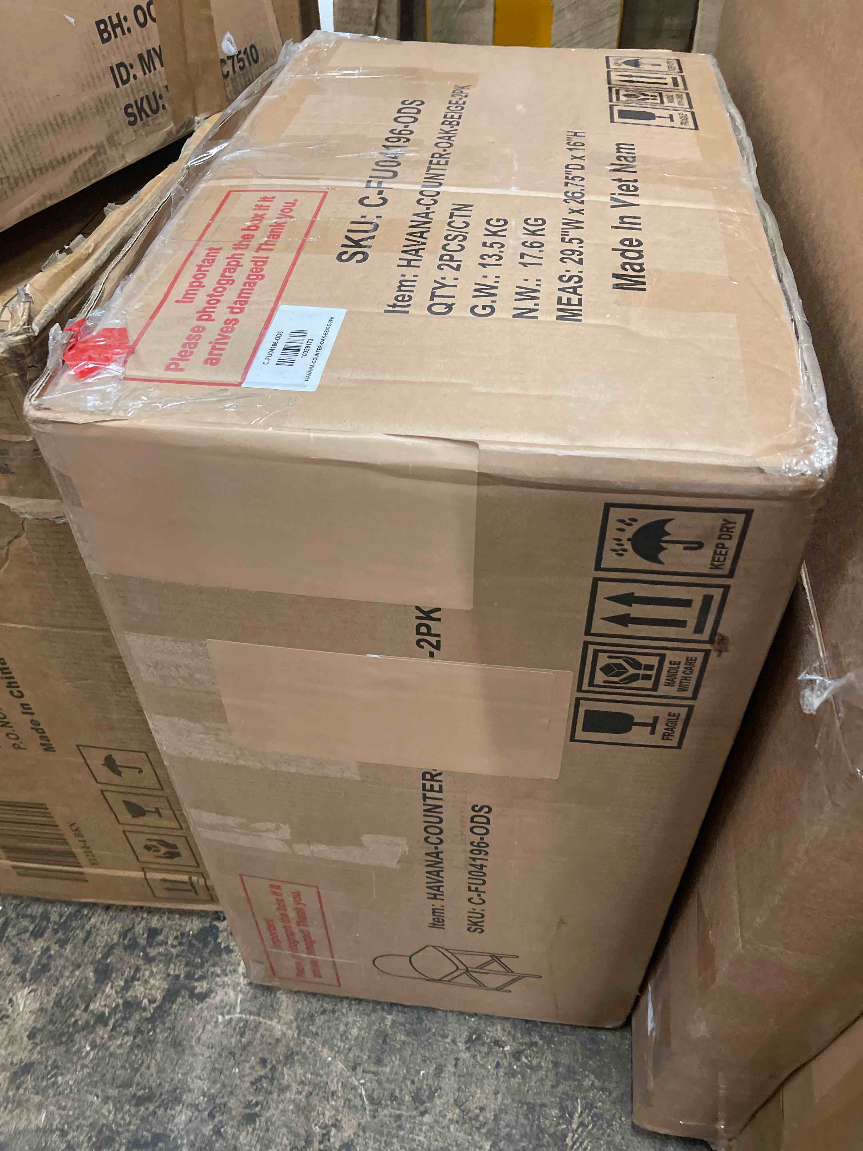 Condition photo showing New/Like New for 4-Boucle Upholstered Rattan Bar Stool, Counter Height Stool with Natural Rattan Woven Back For Kitchen Island, Light Brown, Set of 4