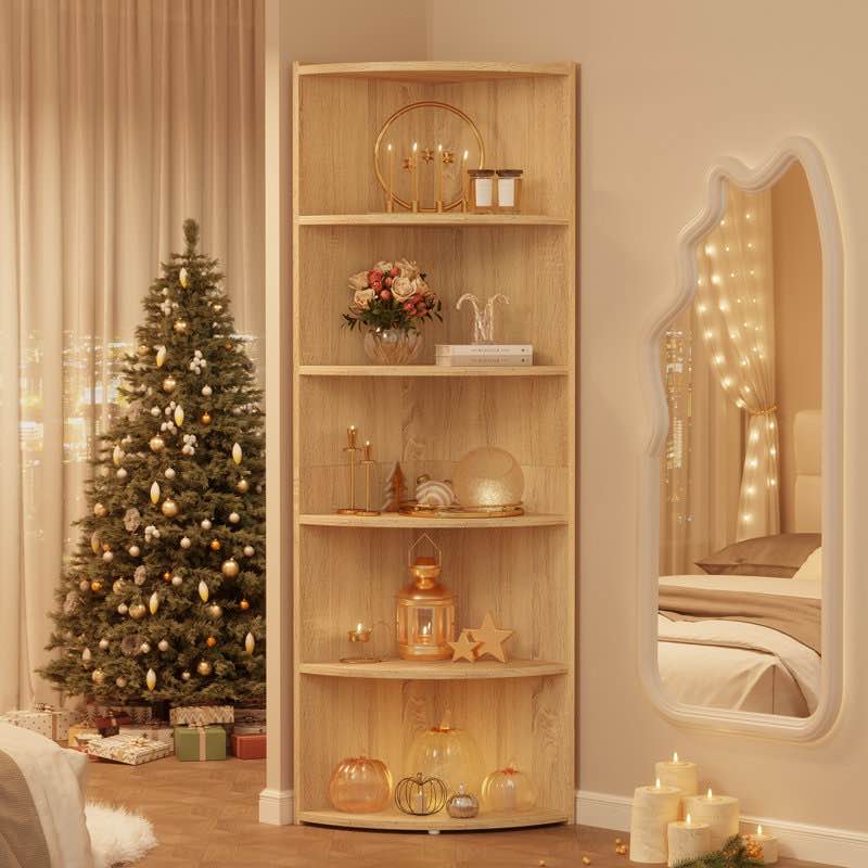 Condition photo showing New/Like New for 66.9'' H X 17.2'' W Wood Fan-Shaped Bookcase 6-Tier Storage Corner Shelf