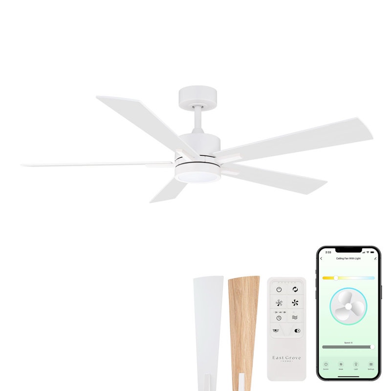 Condition photo showing New/Like New for Bali Smart 5-Blade 52in Ceiling Fan 2700K-6000K CCT Selectable LED Light Kit with Remote Control and Hardware with Reversible Blades in Weathered Works With iOS or Android App
