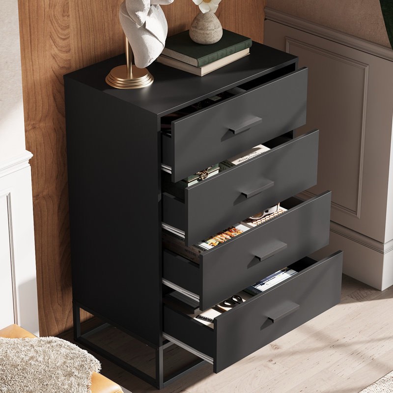 Condition photo showing New/Like New for Ioannes 4-Drawer Wood Dresser for Bedroom, Black Dresser with Sturdy Metal Frame, Modern Chest of Drawers For Closet, Entryway, Hallway