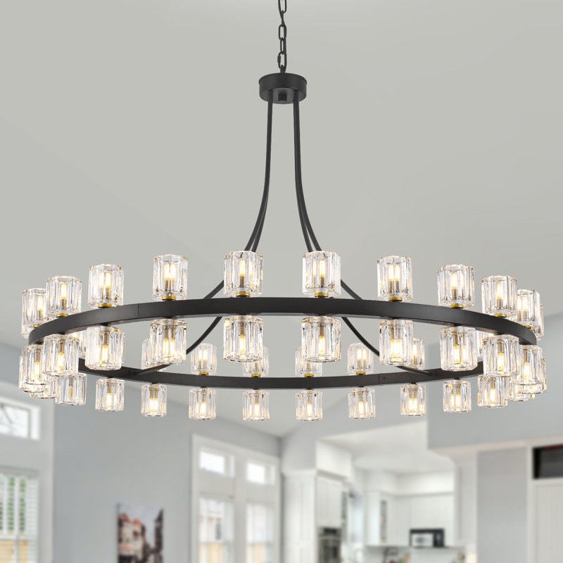 Condition photo showing New/Like New for Large 48" 48 - Light Dimmable Wagon Wheel Chandelier Round Crystal Cup Style Pendant Fixture for Living Room High Ceilings Foyer Staircase