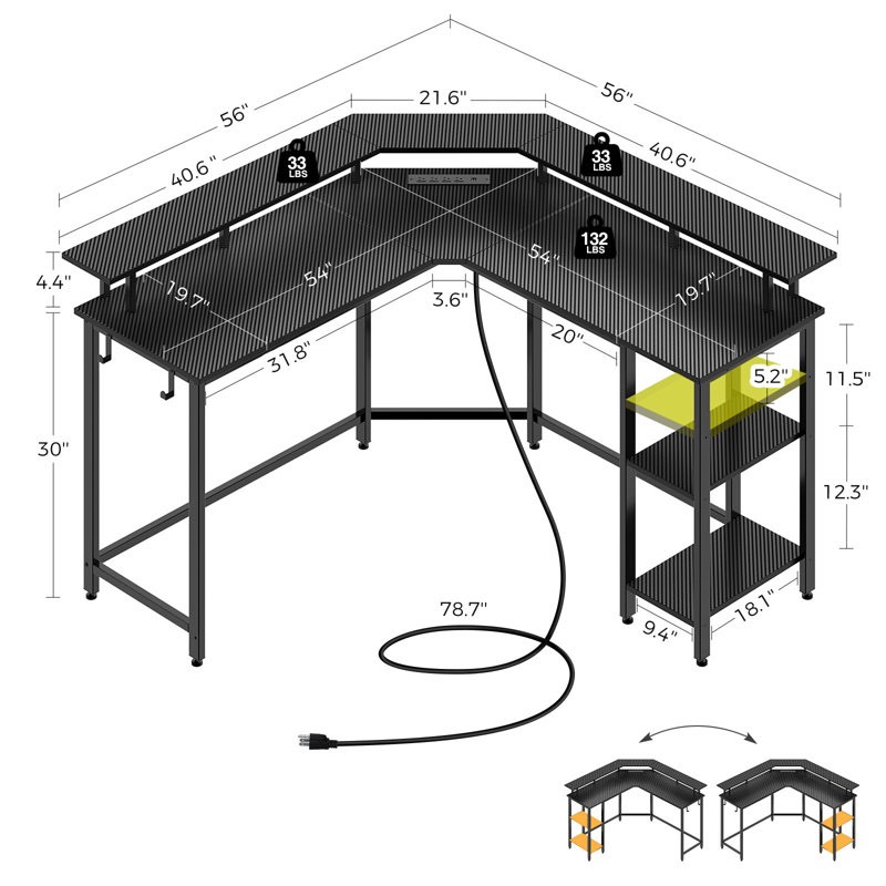 Condition photo showing New/Like New for Lameen L Shaped Computer Desk with power outlets and RGB lights