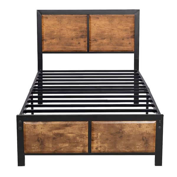 VECELO Twin Size Platform Metal Bed Frame with Wooden Headboard and Footboard