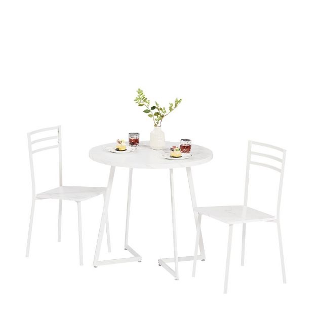 Condition photo showing New/Like New for 3 Piece Wood Round Dining Table Set with Cushioned Chairs, Modern Dinette for Kitchen Living Room, Marble White