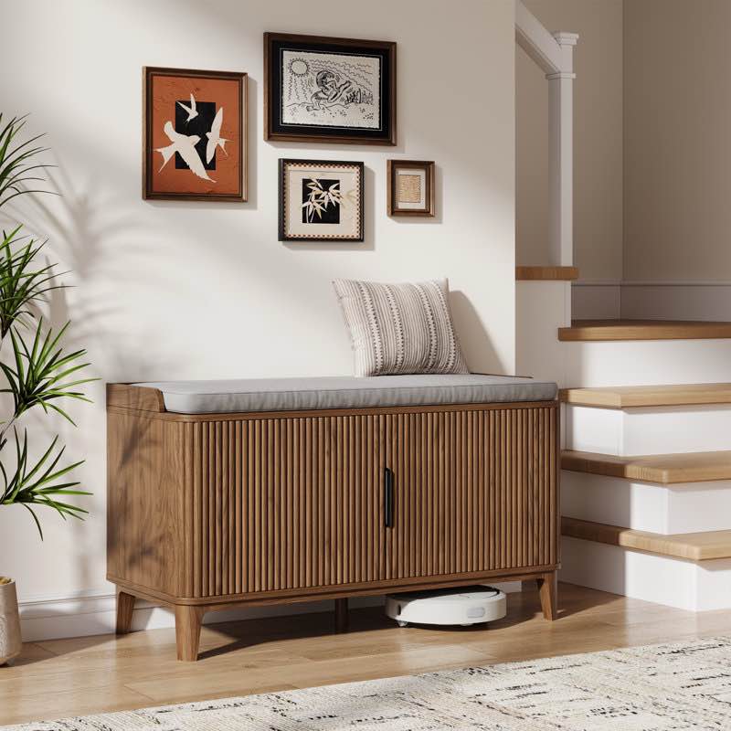 39.4" fluted shoe cabinet storage with bench, 2-tier entryway bench with adjustable shelves and detachable cushioned seat