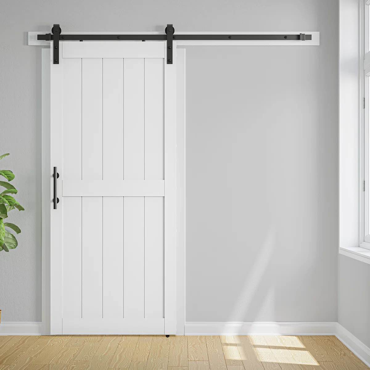 manufactured paneled wood barn door with installation hardware