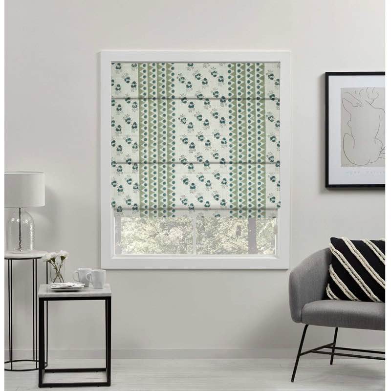 handmade 100% blackout pure linen roman shade, green or brown block print floral blinds for windows, ideal for french doors, living or bedrooms, hall, linen fabric, mountain moon