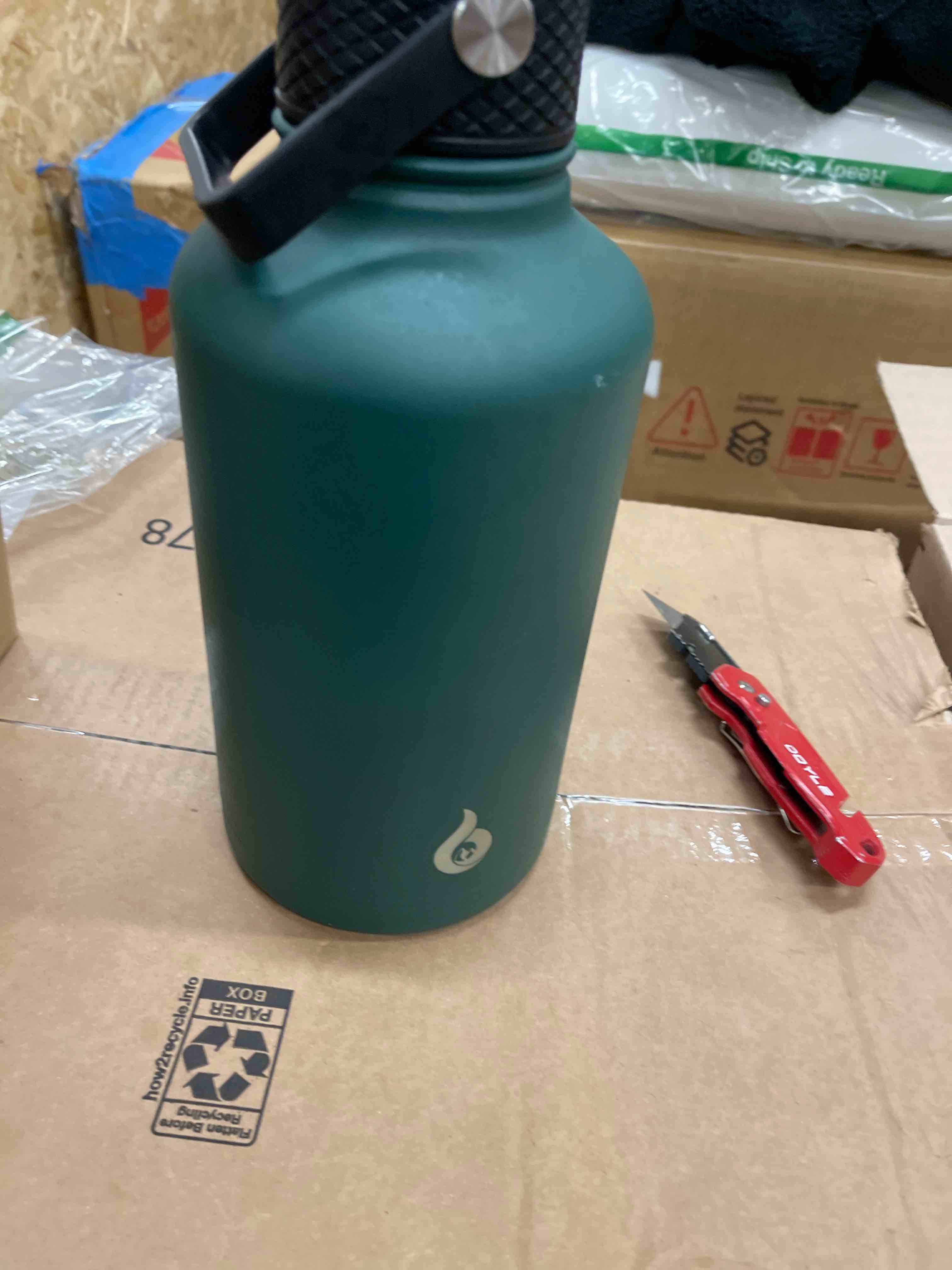 Condition photo showing New/Like New for BJPKPK Half Gallon Insulated Water Bottles with Straw Lid, 64oz Large Water Jug, Stainless Steel Bottles with 3 Lids and Paracord Handle, Thermo for Hot & Cold Liquid, Army Green