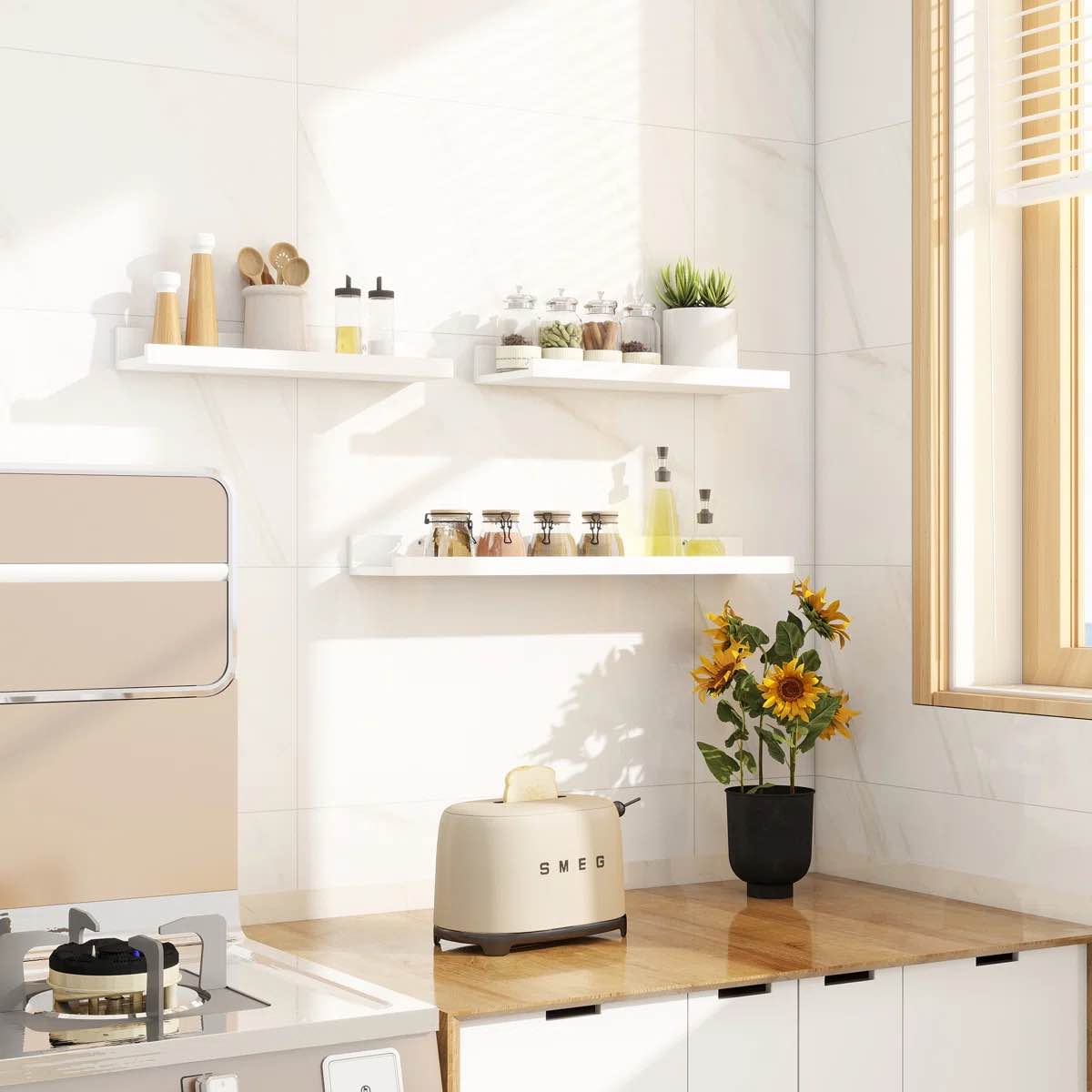 Condition photo showing New/Like New for Wall-Mounted Floating Shelves for Bedroom, Living Room (Set of 3)