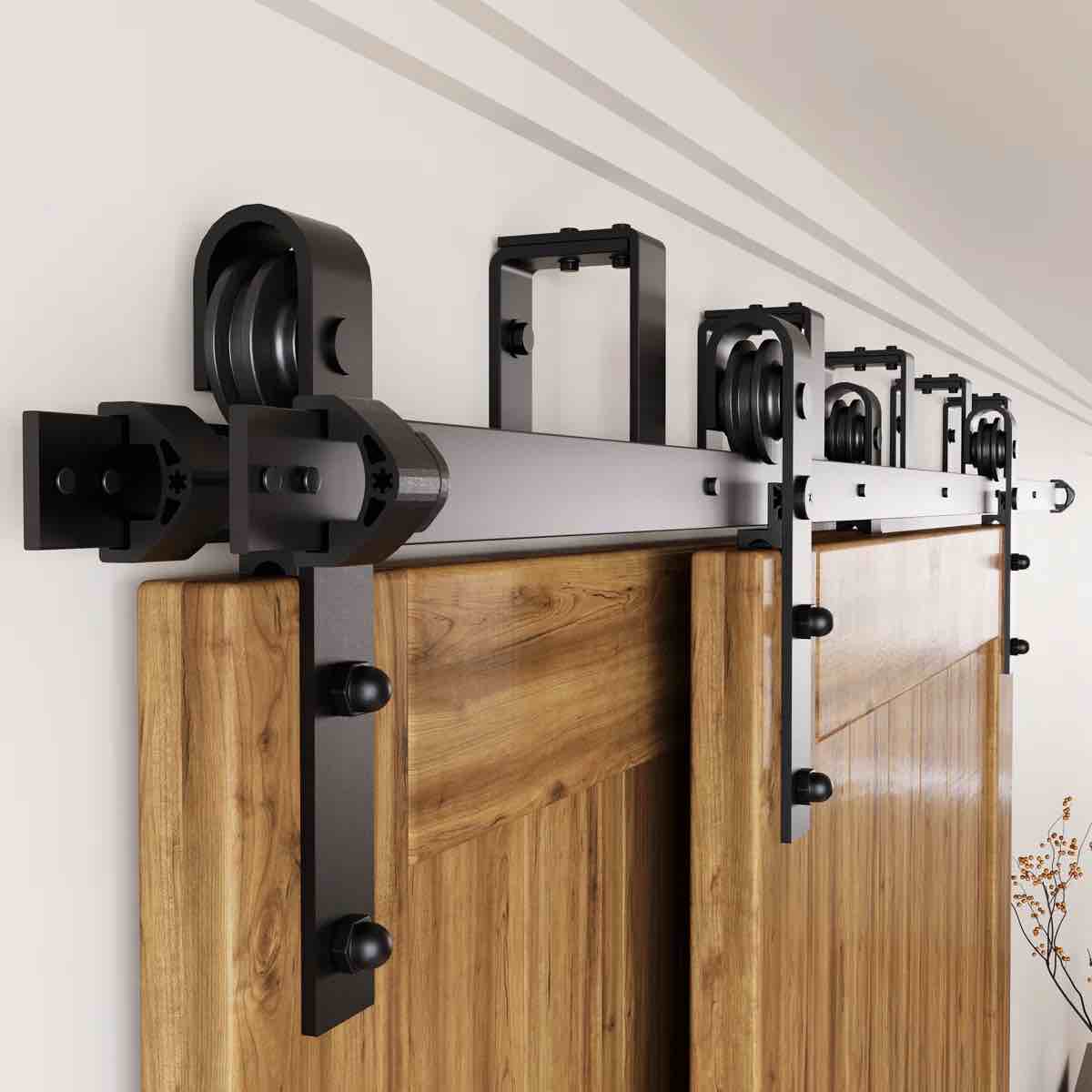 Condition photo showing New/Like New for Black Rustic Classic Design Double Track Bypass Two Door Barn Door Hardware Kit (Door Not Included)