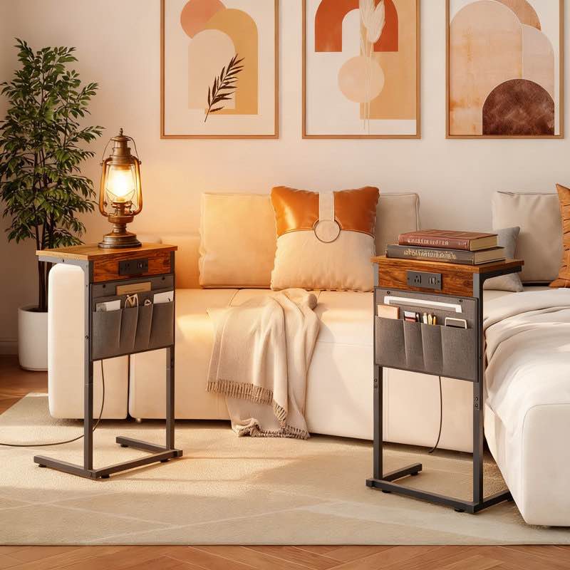 C-Shaped End Table With Charging Station, 2-Tier Storage Bag, Space-Saving Side Table For Sofa And Recliners, Ideal For Living Room And Bedroom