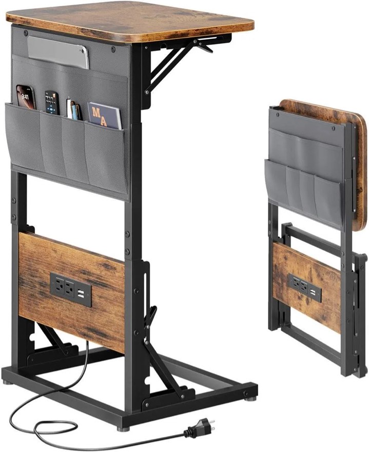 Condition photo showing New/Like New for C-Shaped End Table With Charging Station, 2-Tier Storage Bag, Space-Saving Side Table For Sofa And Recliners, Ideal For Living Room And Bedroom