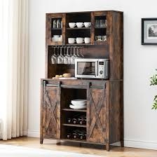 Condition photo showing New/Like New for Farmhouse Coffee Bar Cabinet with Sliding Barn Door, 70" Tall Buffet Cabinet with Storage Shelves, Liquor Cabinet with Wine and Glasses Rack, for Kitchen, Dining Room