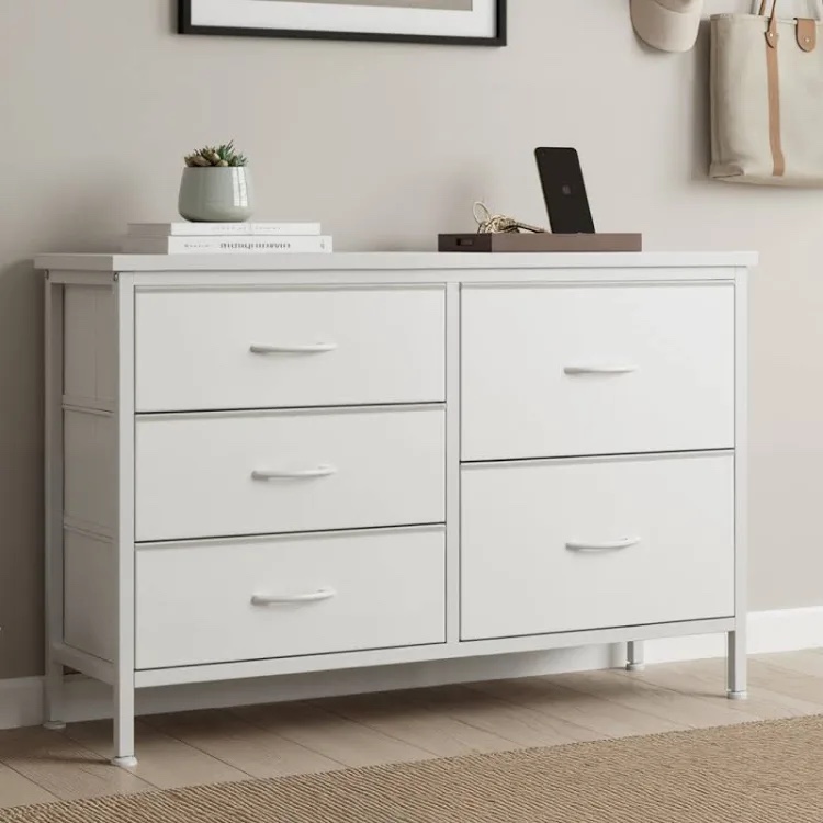 Condition photo showing New/Like New for Fabric Drawer Dresser with Wood Top, 39.4'' W Dresser with 5 Drawers, Storage Organizer, Chest of Drawers