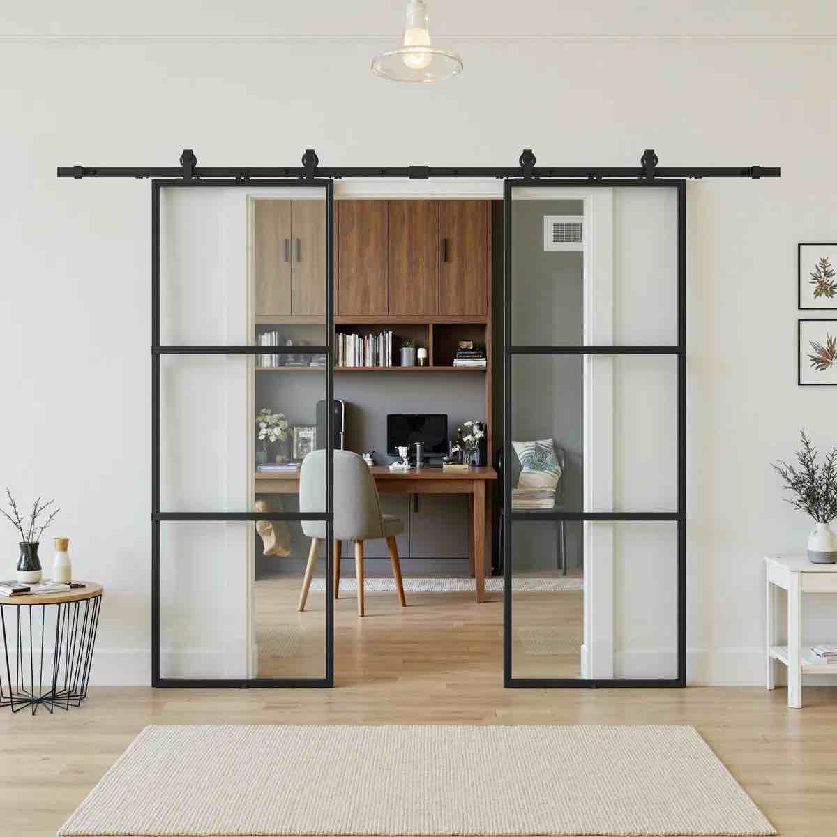 Condition photo showing New/Like New for Metal And Glass Sliding Double Barn Doors With Installation Hardware Kit ( Soft-Close Included)