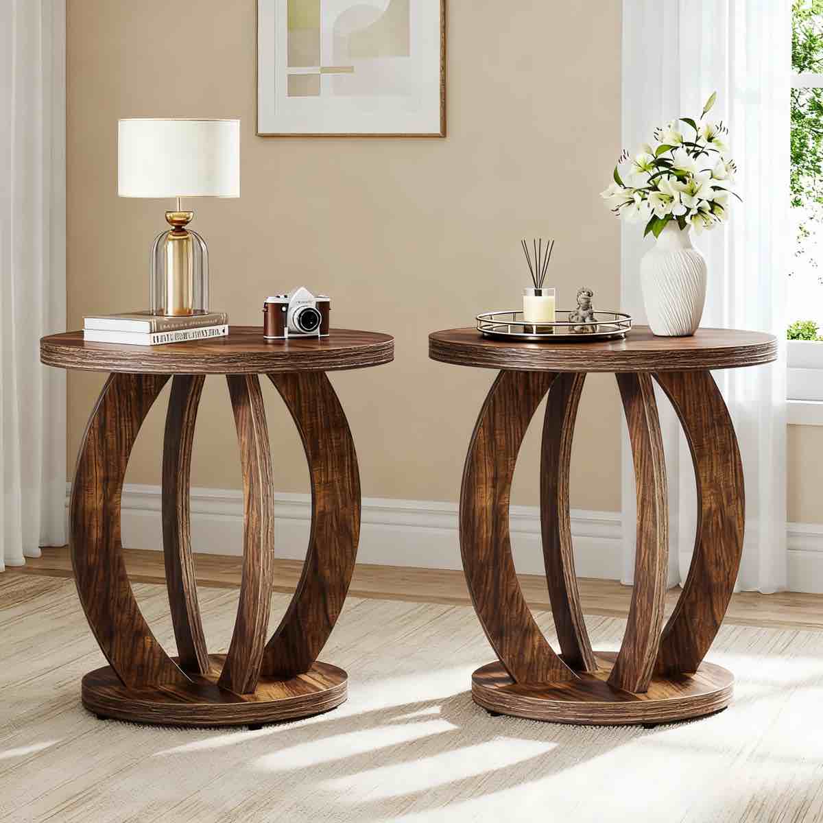 (2)Round Wood End Table, Farmhouse Accent Bedside Table For Living Room Bedroom Small Space