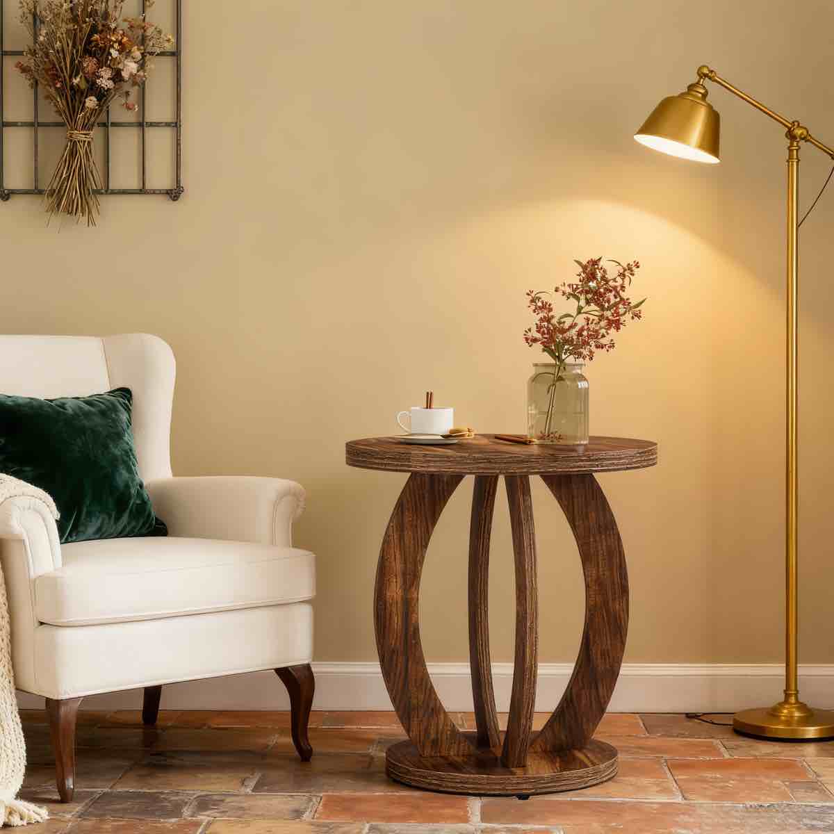 Condition photo showing New/Like New for (2)Round Wood End Table, Farmhouse Accent Bedside Table For Living Room Bedroom Small Space