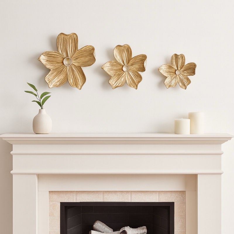 Condition photo showing New/Like New for Modern Five Petal Flower Decorative Wall Art Sculpture - Artistic Metal Wall Accent for Home and Kitchen Wall Hanging - Set of 3, 18", Gold
