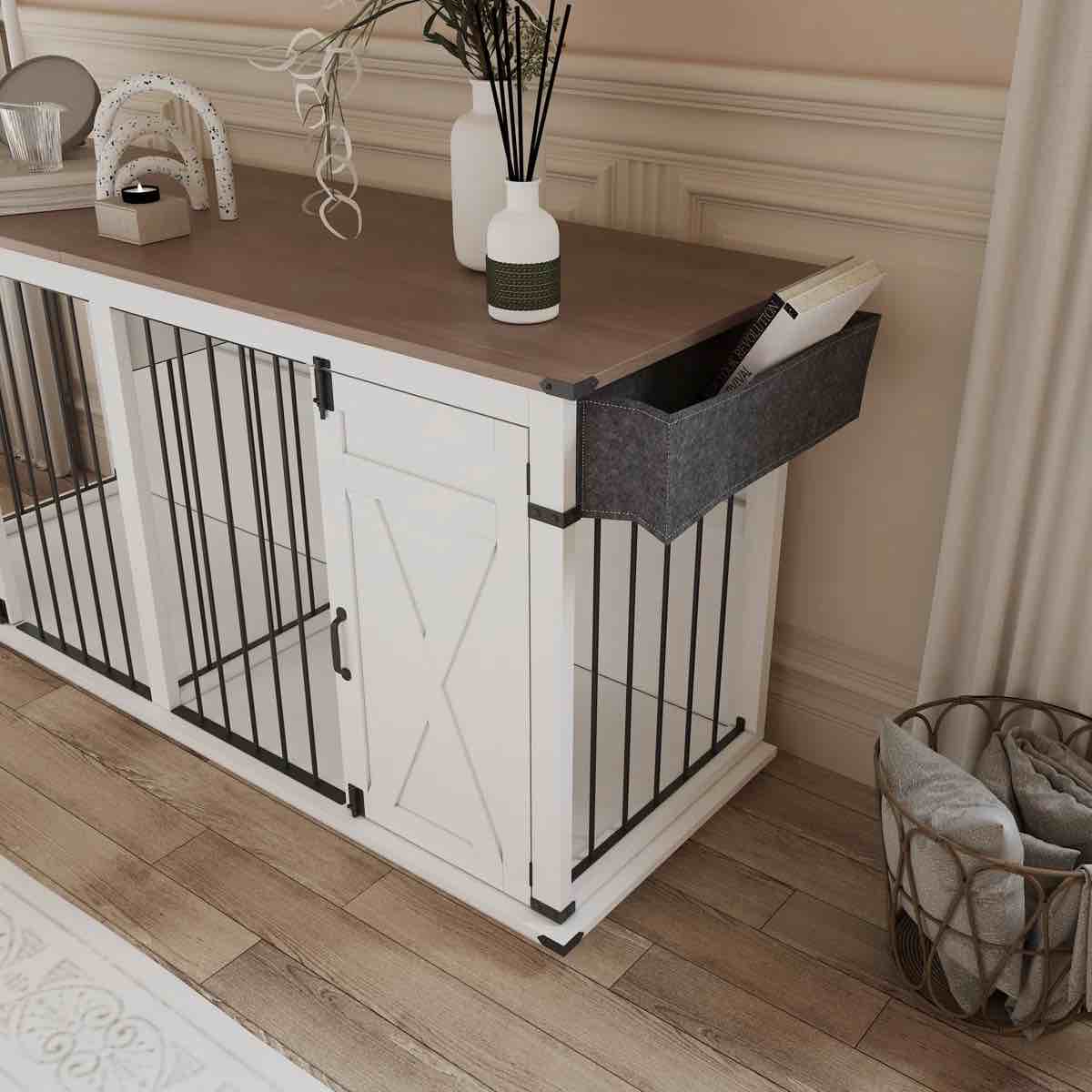 Condition photo showing New/Like New for Large Dog Crate Furniture for 2 Dogs, Extra-Large Indoor Dog House with Partition, 1 Storage Bag, Farmhouse Style Cage