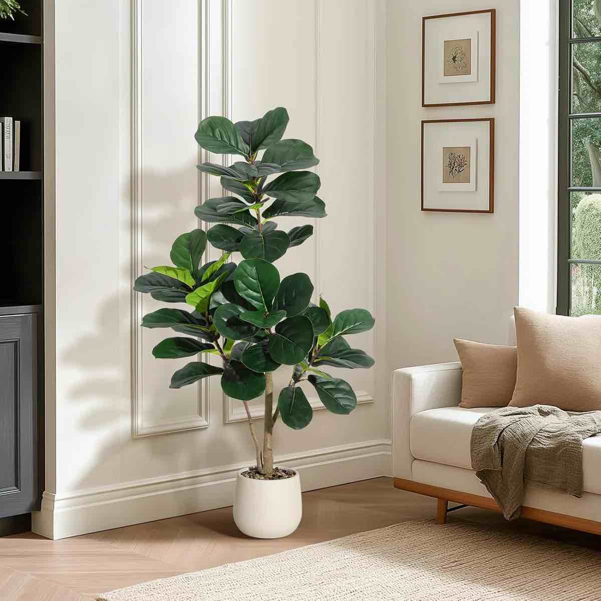 Condition photo showing New/Like New for 4FT Fiddle Leaf Fig Tree Artificial With 48 Leaves - Realistic Faux Ficus Lyrata Trees In 7.8" White Planter Pot, Indoor Fake Floor Plants For Home Office Living Room Decor, Housewarming Gift