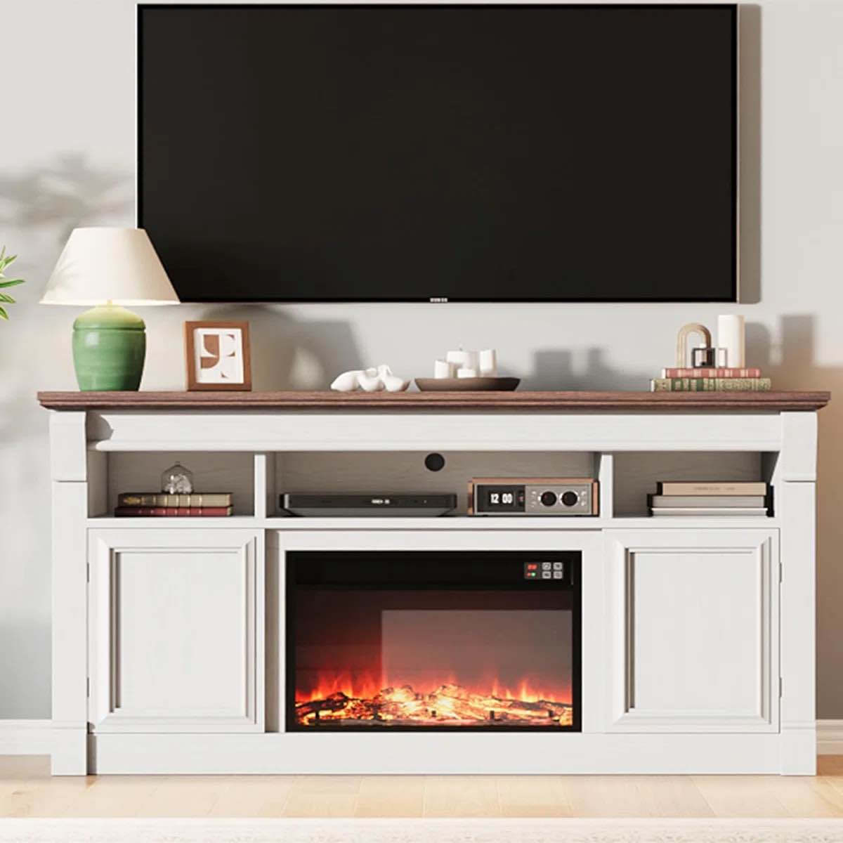 Condition photo showing New/Like New for 58" Farmhouse Fireplace TV Stand, Entertainment Center with Open Storage Cabinets, Media Console for Living Room
