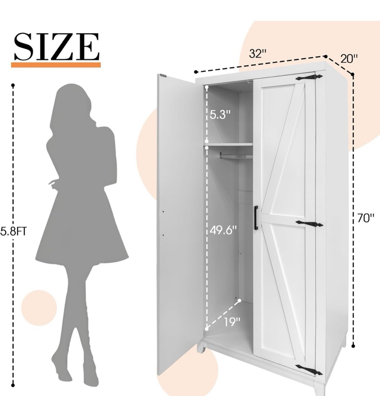 Condition photo showing New/Like New for WERSMT Farmhouse Wooden Wardrobe Closet with Doors, 70" Tall Bedroom Armoire Wardrobe Closet with Hanging Rod, Hanging Clothes Cabinet with Doors, White