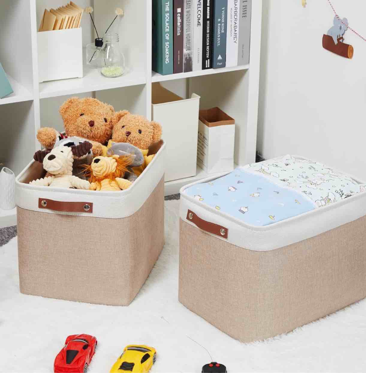 Condition photo showing New/Like New for HNZIGE Fabric Storage Baskets for Organizing [2 Pack] Large Canvas Rectangular Storage Bins for shelves 16" X 11.8" X 11.8" Clothes Baskets Collapsible Bins for Closet Linen Organizers (Beige&White)