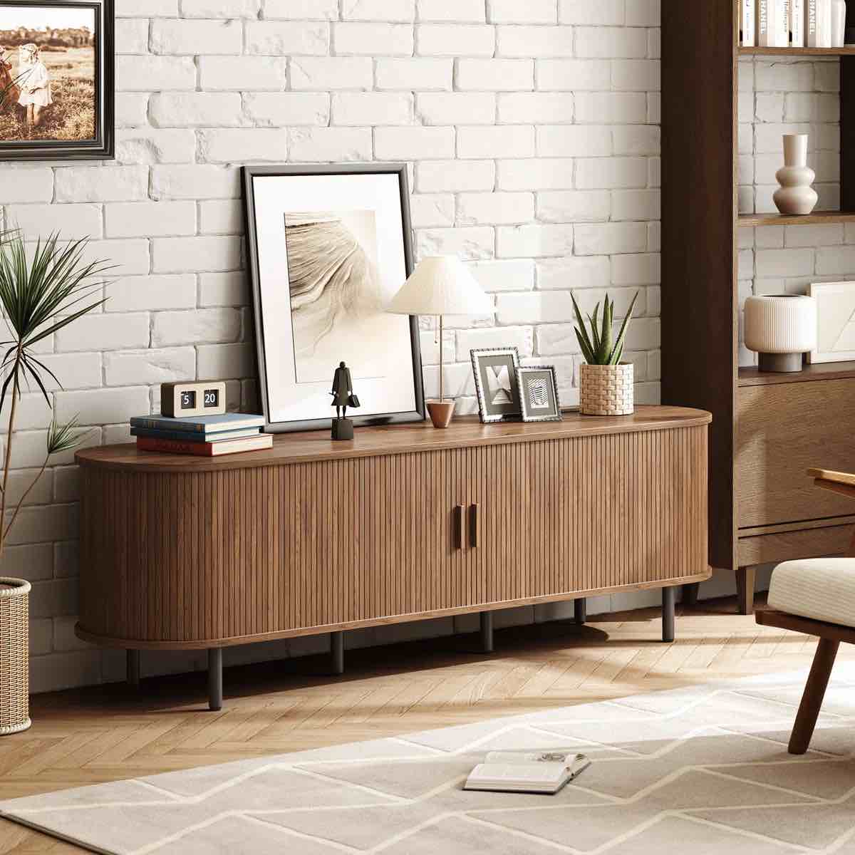 Condition photo showing New/Like New for Tv Stand With Storage And Shelves Designed To Fit 55’’ - 80’’ Tvs. Wood Entertainment Center For Living Room And Bedroom, Media Console And Modern Tv Console Table