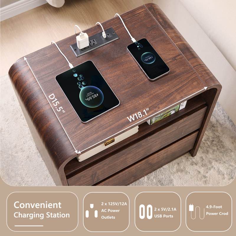 Condition photo showing New/Like New for Maud 25" Tall Modern Nightstand with Charging Station, 23.6'' Wide Wood Bedside Table w/2 Storage Drawers, Large Mid Century End Table for Bedroom