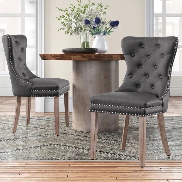 (2)Seita Tufted Leather Upholstered Wing Back Parsons Chair, Set of 2