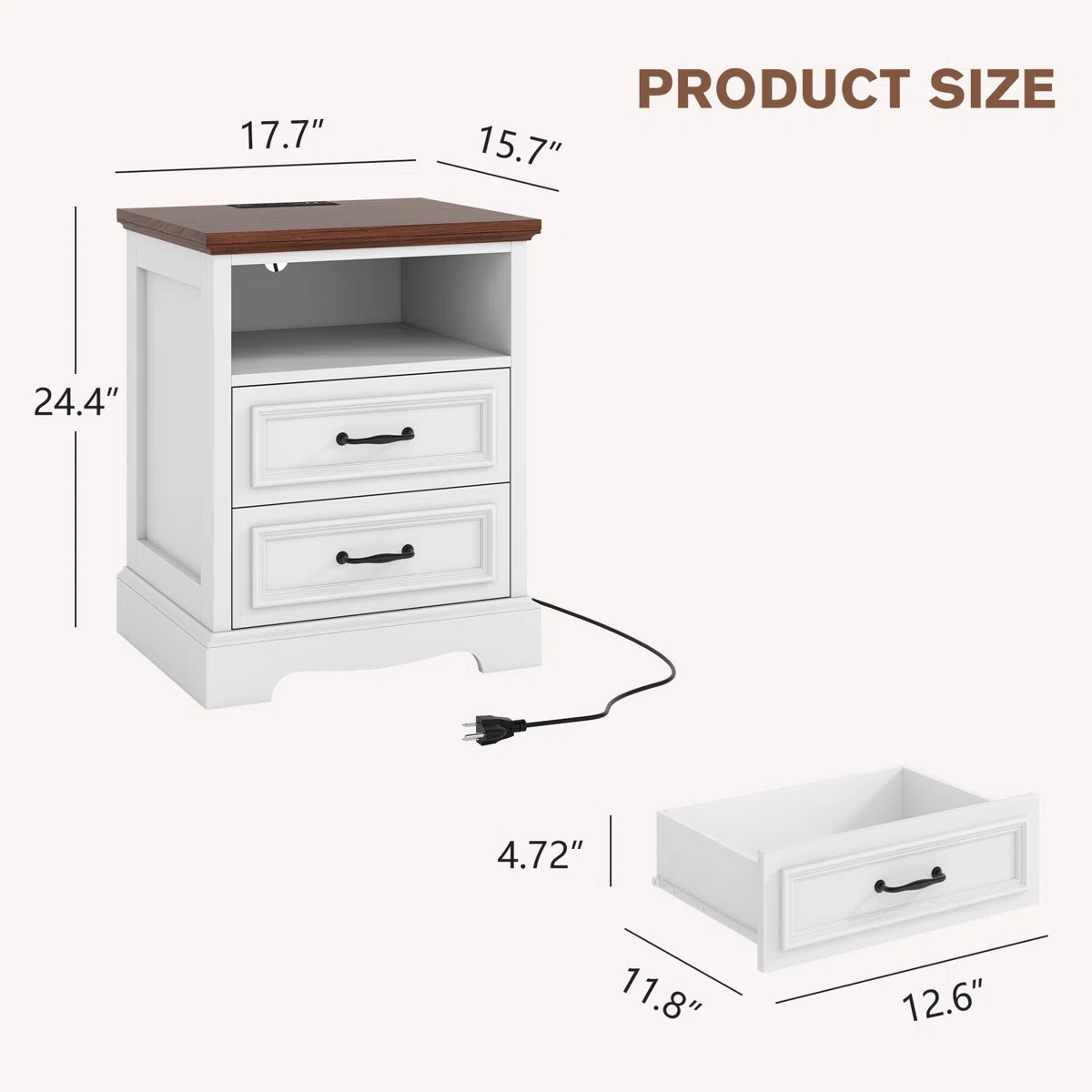 Condition photo showing New/Like New for (2)Farmhouse Nightstand with Charging Station, Bedside Table with 2 Drawers for Bedroom Modern End Table Storage Cabinet,Wood Small Dresser Drawer Chest for Small Place
