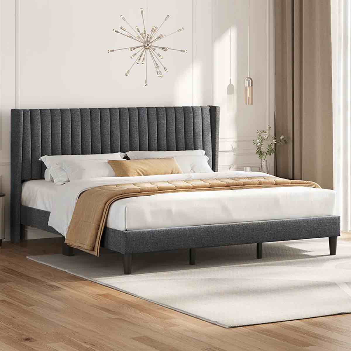 Upholstered Bed Frame with Wing Side, King