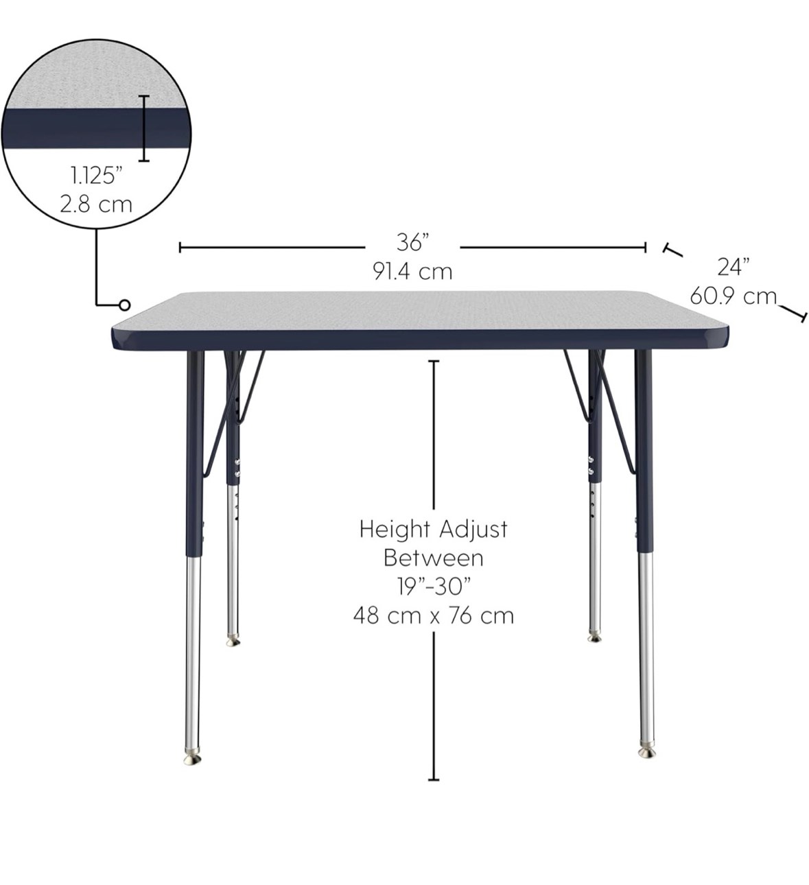 Condition photo showing New/Like New for FDP Rectangle Activity School and Office Table (24 x 36 inch), Standard Legs with Swivel Glides, Adjustable Height 19-30 inches - Gray Top